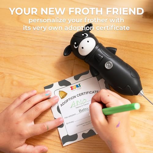 Image of Zulay Kitchen Cow Milk Frother Wand - Cutesy Frother, Meet Your New Frothing Buddy Betsy The Cow, Adoption Papers and Stickers Included, Purrr-fect for Lattes, Cappuccino & Matcha - Black