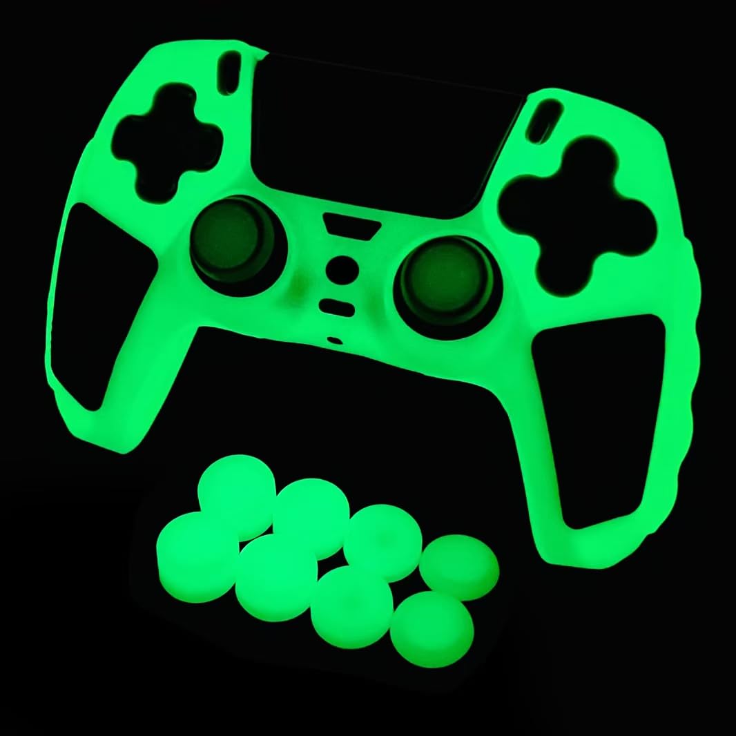 Peau de contrôleur PS5 Verte Qui Brille dans Le Noir, Housse de Protection en Silicone cloutée et épaisse, poignées compatibles avec la Manette PS5 avec 10 Capuchons de poignées