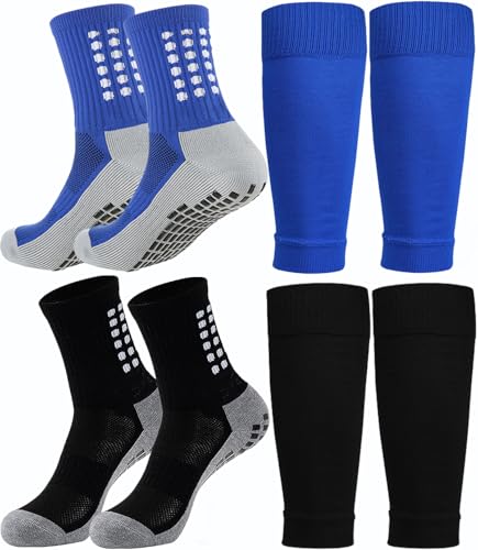 KMOLY 2 Set Kids Grip Soccer Socks and Shin Guard Sleeves for Age 7-14 Youth Boys Children Football Basketball Training (Black+Blue)