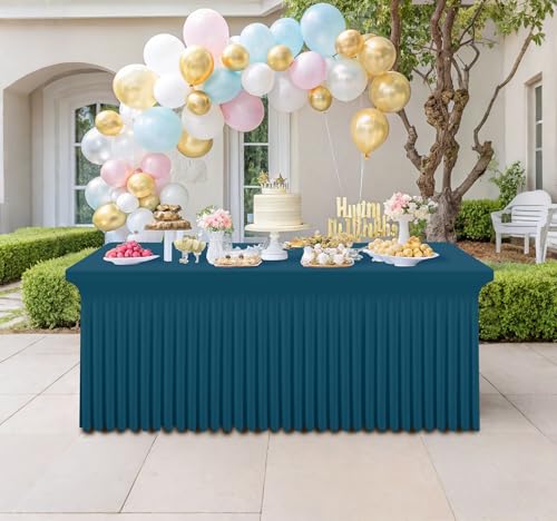 Image of Smiry 2 Pack Spandex Elastic Fitted Table Cloth Skirt for 6FT Table | Stretch Washable Table Cloth, Banquet Table Cover for Wedding, Party, Indoor & Trade Shows, (Peacock Blue, 72Lx30Wx30H)