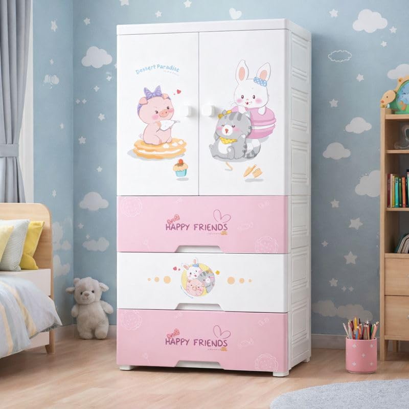 Image of EXVITO Plastic Wardrobe for Cloth with Drawers & Hanging Rod | Baby Cupboard for Clothes Storage | Foldable Collapsible Plastic Almirah for Kids | Cartoon Design Cabinet for Bedroom (Pink, 4 Door)