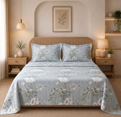 Image of HOMEKART Glace Cotton 160 TC Leaf Printed Double Bedsheet with 2 King Size Pillow Covers | Soft & Durable | 86 x 88Inches (Grey & White)