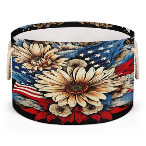XZXFSYJH Large Round Storage Basket with Handle American Flag Flower Kids Toy Storage Bin Foldable Laundry Hamper Cube Clothes Blanket Organizer Box for Living Room Bedroom Laundry Room Storage Decor