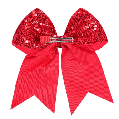Jumbo Glitter Cheer Bow Clip - 7 Inch Large Cheerleading Sequin Hair Bow with Tails for Girls Teen Softball Cheerleader Outfit Uniform (Red)