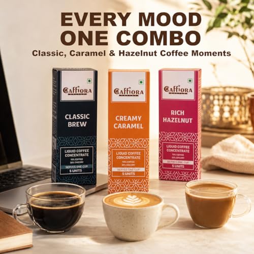 Image of Caffiora Liquid Coffee Concentrate | Triple Flavour Combo | Classic Brew + Creamy Caramel + Rich Hazelnut | 15 Sachets (3 x 5 x 20ml) | Instant Coffee | Sugar Free | Hot & Cold