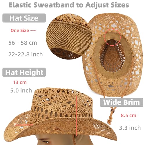 Straw Cowboy Hat for Women and Men with Shapeable Wide Brim Sun Beach Western Cowgirl Hat4