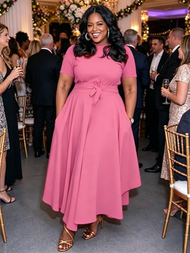Image of Hostoyo Women Plus Size Formal A Line Maxi Dress Self Tie Waist with Pockets Elegant Round Neck Swing Long Dresses