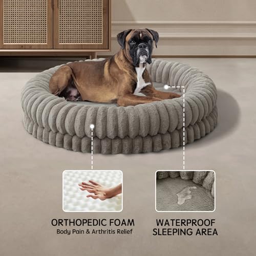 Image of BALANCE Luxury Donut Dog Bed, 43 Inches Round Dog Beds Large Sized Dogs Washable, Orthopedic Calming Dogs Bed for Pets with Anti-Slip Bottom, Oatmeal