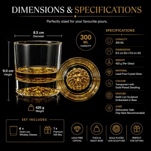 Image of Melbify Lion Whiskey Glass | Set of 4 | 300 ml | Whisky Glass Gift Set | Crystal | Thick Bottom | Premium | Lion Head Whiskey Glass| Whiskey Glass with Lion Symbol