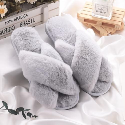 Image of VAIPI 6 Pairs Womens Cross Band Slippers Fuzzy Plush House Bridesmaid Slipper White | Black | Pink Open Toe Fluffy Slipper Soft Warm Bridal Slippers