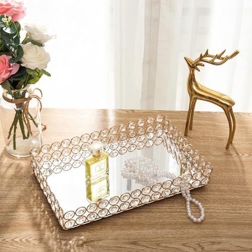 Feyarl Mirrored Crystal Vanity Makeup Tray Ornate Jewelry Trinket Organizer Cosmetic Perfume Bottle Decorative Tray Home Deco Dresser Skin Care Storage (Rectangle 12" x 8") by Feyarl - Image 8