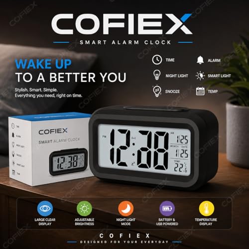 Image of Digital Alarm Clock - Smart Backlight with Auto Sensor, Big LCD Display, Date, Calendar & Temperature, Battery-Powered Travel & Desktop Clock for Home, Bedroom, Office (Multicolor)