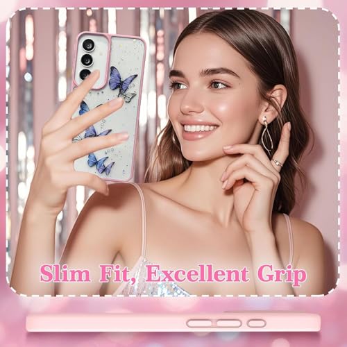 Image of VONZEE for Samsung Galaxy S24 FE Clear Glitter Butterfly Case, Cute Bling Sparkle Shiny Soft Silicone TPU Bumper Shockproof Women Girls Slim Protective Phone Cover for Galaxy S24 FE, Pink