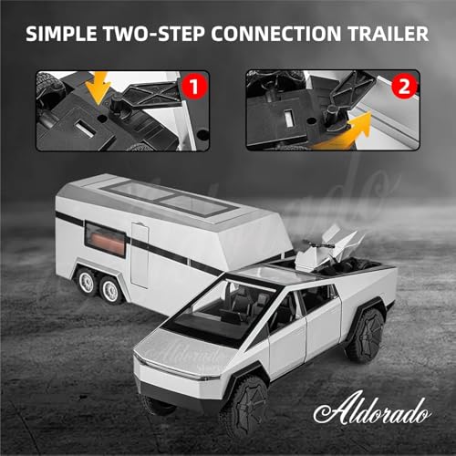 Image of 1:32 Tesla Cybertruck with Pickup Trailer Alloy Car Model Scale Diecast Metal Off-Road Vehicles Truck Model Sound and Light Kids (Colour As Per Stock)