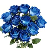 Jasion 12PCS Artificial Roses Realistic Velvet Silk Flowers Long Stem Faux Flowers Bouquet for We...
