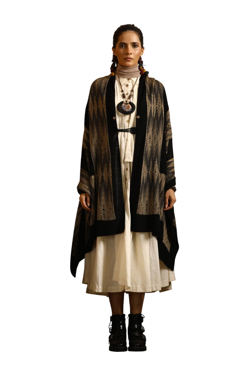 Women’s Wrap Wool Outerwear | Draped Wrap Style Layer with Open Front Shawl | Woolen Textured Fabric with Contrast Border Detailing | Contemporary Indo-Western, Black-image-29