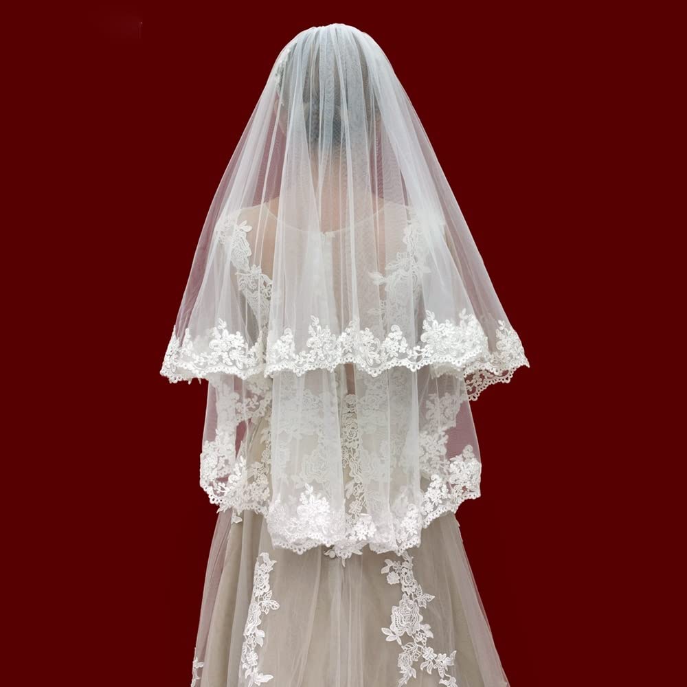 Preeth Girls Ivory Bridal Veils 2 Tier Wedding Veil With Blusher Soft Elbow Length Lace Edge Short Communion Veils Tulle Wedding Wedding (Color : )