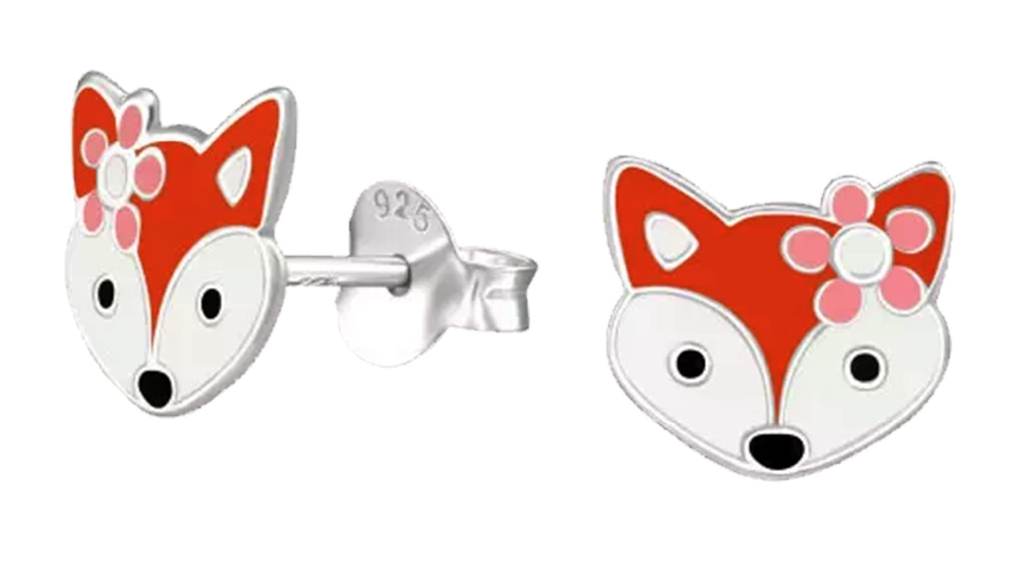 SAE99925 Sterling Silver Fox and Flower Stud Earrings, Dainty Animal Floral Jewelry