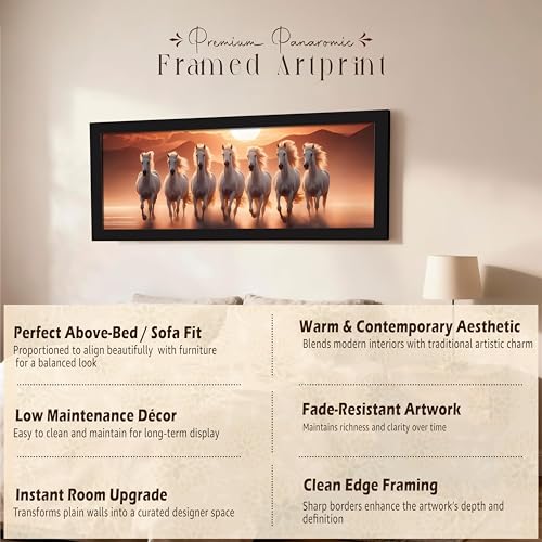 Image of PAINTINGMANTRA Running Horse Vastu Modern Wall Art Framed Luxury Paintings for Home Decoration, Living room, Bedroom and Office Decoration (99x38 CM)