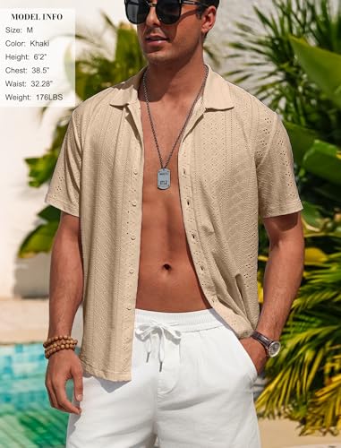 Vssjavun Mens Short Sleeve Button Down Shirts Casual Hollow Out Summer Beach Shirt