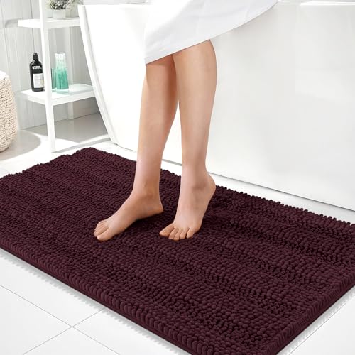 Image of OLANLY Thick Bathroom Runner Rugs 44x24, Extra Absorbent Chenille Striped Bath Rugs, Rubber Backing, Machine Wash Dry, Long Bath Mats for Bathroom, Tub and Shower, Home Decor Accessories, Black Cherry