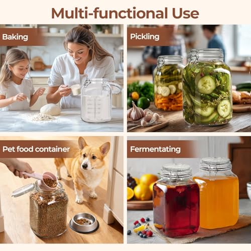Image of ComSaf Large Square Glass Food Jars 1.1 Gallon 2 Pack for Flour Sugar Rice | Airtight wire clamp lids, two 120 ml scoops, two labels and 4.3-inch extra-wide mouth, cereal and bulk pantry goods storage