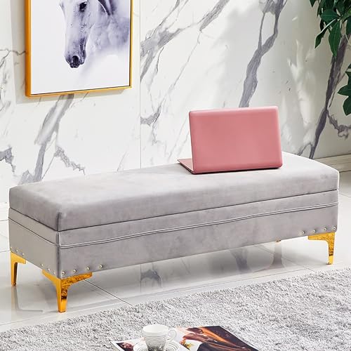 Banc de bout de lit avec rangement en velours gris capitonné haut de gamme