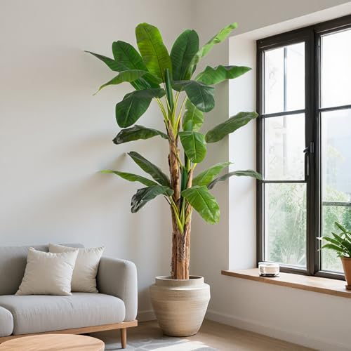 Image of 7ft Extra Tall Artificial Banana Tree, Fake Banana Leaf Plant with 19 Faux Banana Leaves, Perfect for Home Indoor Outdoor Patio Office Tropical Decor