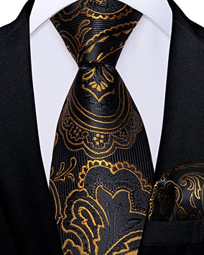 Dibangu Adjustable Boys Black And Gold Paisley Tie Silk Kids Pre-Tied Necktie And Pocket Square Set For Age 8-14 #TOP1