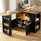 LAKFEW Mesa de Bar Extensible y Giratorio con LED y 2 Ruedas, Mesa Alta Cocina con 2 Puertas y Estante de Almacenaje, Isla Cocina con Barra, Mueble Bar Mueble Auxiliar, 135(205) x39x100 cm, Negro