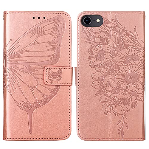 Compatible For Iphone Se 2022 Case,Iphone 7/8 Wallet Case,Iphone Se 2020 Case,6/6S Case,[Kickstand][Wrist Strap][Card Holder Slots] Butterfly Floral Embossed Leather Flip Protective Cover (Rose Gold) #TOP4