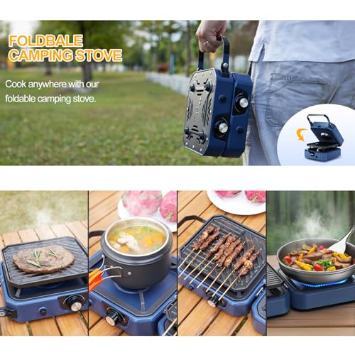Fornello da campeggio a 2 fuochi a gas portatile con piastra, 16000 BTU bruciatori regolabili e accensione piezoelettrica per barbecue, viaggi su strada, cucina di emergenza