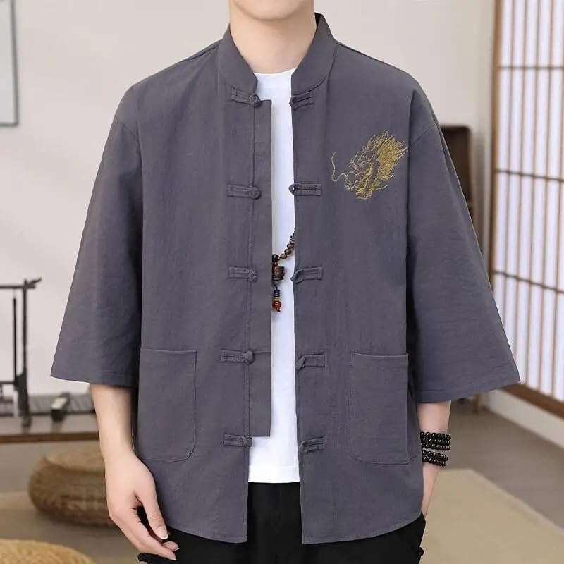 Traditional Chinese Embroidered Shirt 3/4 Sleeve Top for Men Linen Tops