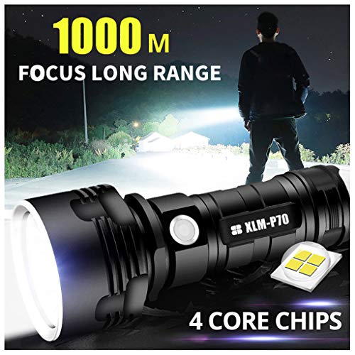 Super Bright LED Flashlight Long Shot - Security Tactical Torch - Hand-held High Lumen Spotlight Lamp - Pocket Size, Zoomable, 5 Light Modes, USB Rechargeable, Waterproof for Outdoor Emergency (Black)