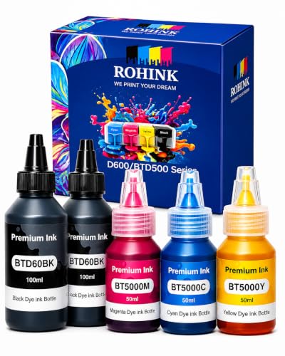 Image of ROHINK Premium Dye Ink Bottles for Brother Printers, T220, T300, T310, T420, T500, T520, T820, T920, T510, T910, T710, T4500W, T800W, T710W - Printer (Pack of 5 (2 Black + 3 CYM))