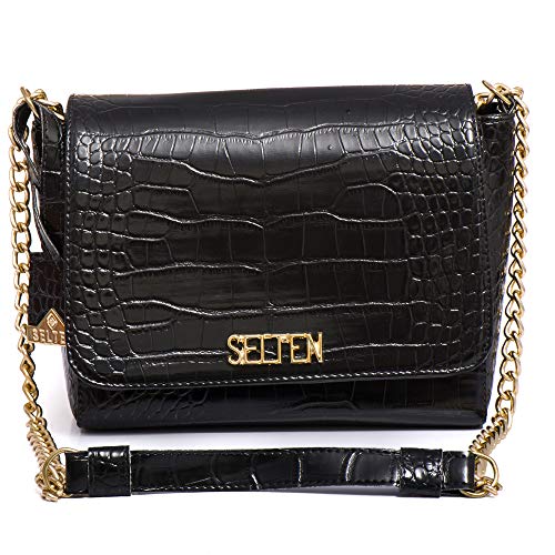 Kit Bolsa Feminina Lateral Croco Com Carteira Preta Selten