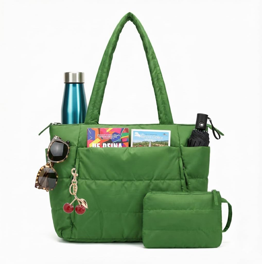 Zengmei Large Puffy Tote Bag for Women Work Travel Handbag Set with Pouch & Cherry Purse Charm Keychain, Fits 15.6" Laptop