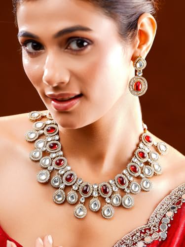 Image of Rubans Necklace Maangtikka Set Gold Plated Kundan & Pearl Jewellery Gift for Women & Girls