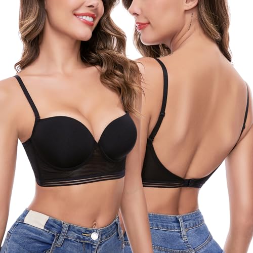 iClosam Sujetador sin Espalda para Mujer Invisible Push Up U Sujetador Profunda Espalda Baja Cómodo Encaje Sujetadores Básico con Aros para Mujer Copa A a C