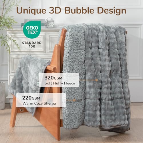 Image of Cottonblue Weighted Blanket for Adults Queen Size 15 lbs, Soft Fuzzy Fleece Sherpa Weighted Throw Blankets 60x80 inches, Warm Cozy Fluffy Bubble GreyWinter Heavy Blanket for Bed Sofa Women Men Present