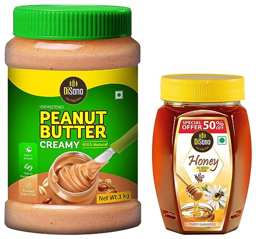 DiSano Peanut Butter, All Natural, Creamy, Unsweetened, 30% Protein, Gluten Free, Non GMO, 1Kg & Pure Honey, 500gm