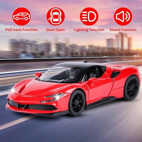 Image of 1 /32 Ferrari SF90 Model Car with Box, Zinc Alloy Pull Back Toy car with Sound and Light for Kids Boy Girl Gift?Colors as Per Stock? (Ferrari SF90)