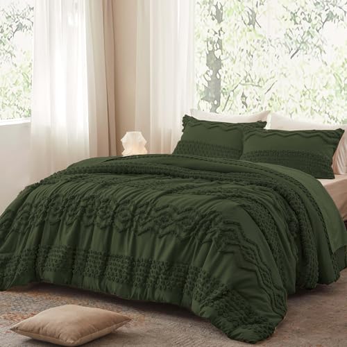Image of Luxudecor Olive Green Boho Tufted Comforter Set King Size 3 Pieces Boho Shabby Chic Comforter Farmhouse Embroidery Bedding Set Soft Comforter for All Seasons (Olive Green, 104''x90'')