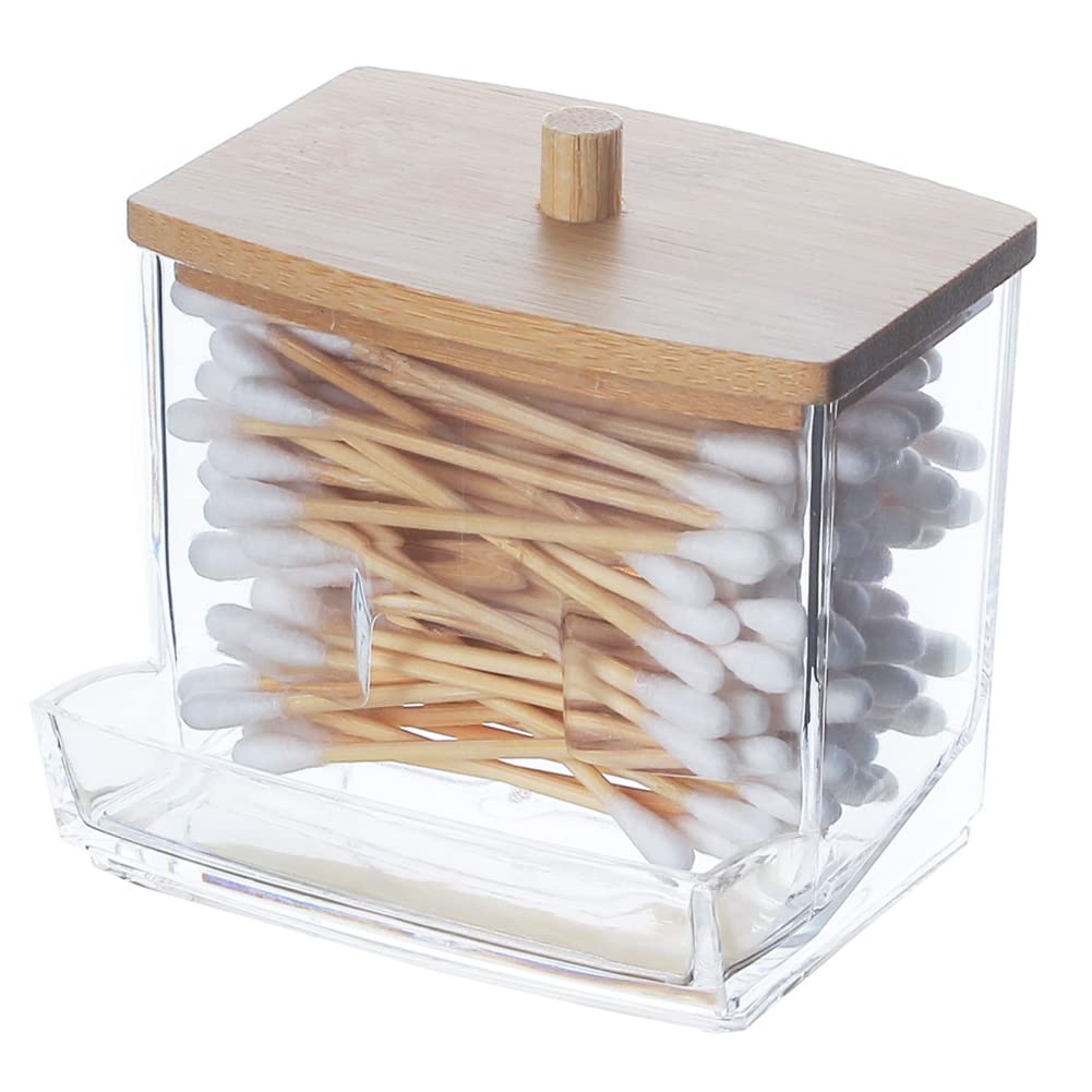 Cosmetic Organizer for Qtip Holder Dispenser Cotton Balls Cotton Swabs Clear Plastic Storage Box Makeup Organizer with Bamboo
