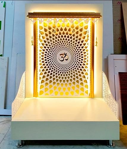 Mandir blanco de madera con luces artesanales para pared 3