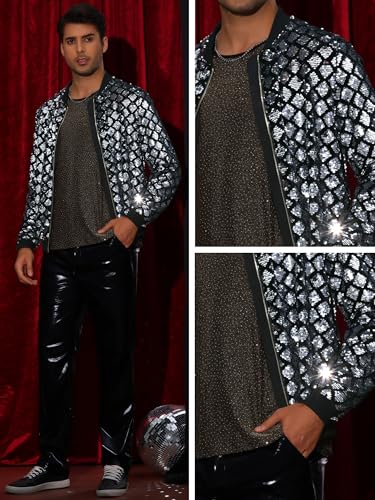 Image of Lars Amadeus Argyle Sequin Bomber Jacket for Men's Party Club Shiny Baseball Varsity Jacket