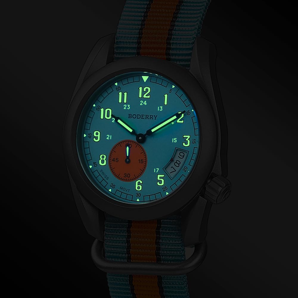 BODERRY Reloj de campo de titanio de 38 mm para hombre, movimiento de cuarzo suizo, reloj militar, función de fecha, resistencia al agua hasta 100 m, Voyager