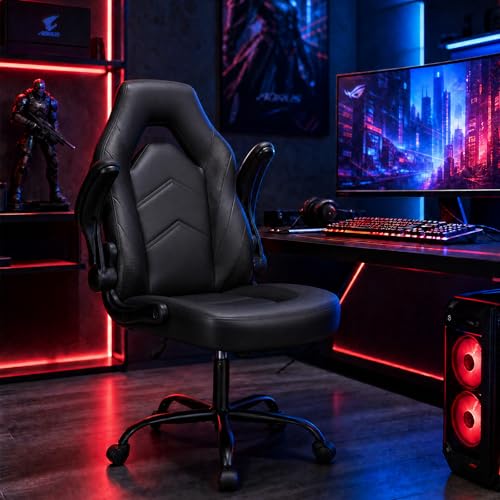 Image of Sweetcrispy Computer Gaming Desk Chair: Big Tall Ergonomic Lumbar Support with Flip-up Armrest and 360 Swivel Wheels, PU Leather Height Adjustable, for Home and Office, Black