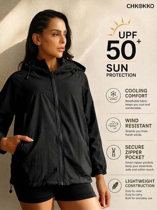 Image of CHKOKKO Sunscreen Jacket For Women With Hood Upf 50+ UV Tan Sun Protection | Wind Proof Lightweight Breathable Quick-dry Water-repellent Fabric | For Gym Sports Running Biking And Dailywear