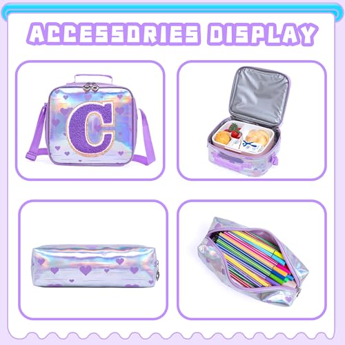 Meetbelify Backpack for Girls Backpacks with Lunch Box Pencil Case for Elementary Student Kids School Travel Bag for Girls Ages 6-8 Years Old Purple C4